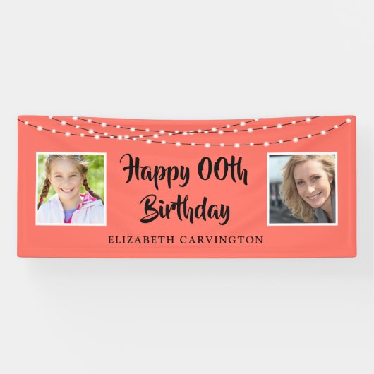 Modernes Coral Peach String Light Foto JEDER Gebur Banner (Horizontal)
