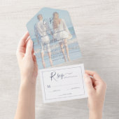 Modernes Couple Foto Dusty Blue Wedding All In One Einladung (Abreißen)