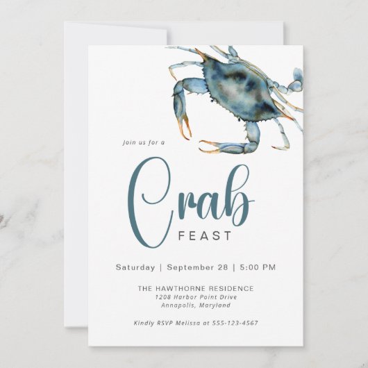 Modernes Crab Fest Wasserfarbe Blaue Krabbe Einladung (Vorderseite)