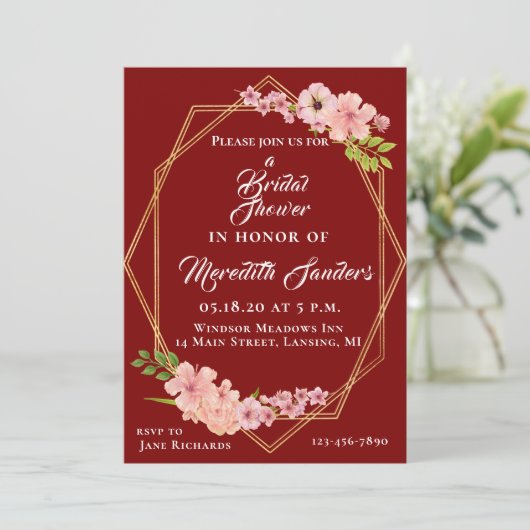 Modernes Cranberry-Gold und rosafarbenes Brautpart Einladung (Stehend Vorderseite)