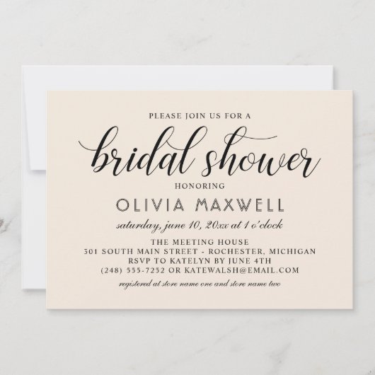 Modernes Cream Black Script-HochzeitsgradBrautpart Einladung (Vorderseite)