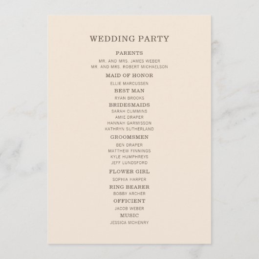 Modernes Cream Brown-Hochzeitsprogramm Programm (Rückseite)