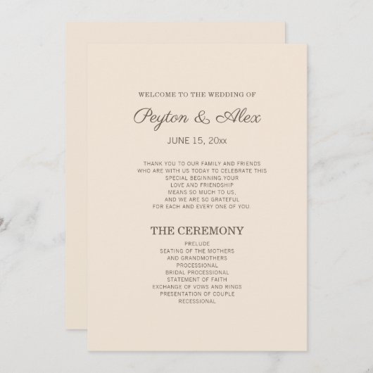 Modernes Cream Brown-Hochzeitsprogramm Programm (Vorne/Hinten)