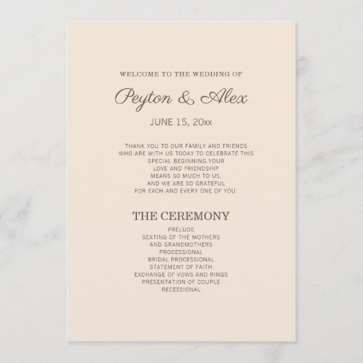 Modernes Cream Brown-Hochzeitsprogramm Programm (Vorderseite)
