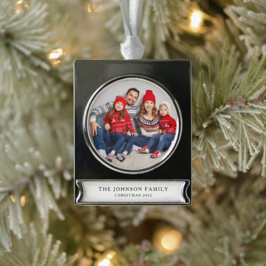 Modernes Custom Family Foto Weihnachten Banner-Ornament Silber (Baum)