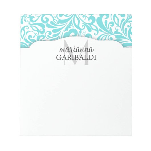 Modernes Damask Aqua Personalisiert Notizblock (Vorderseite)