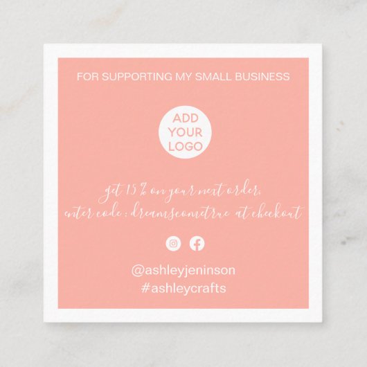 Modernes Dankeschön-Skript Ordnung minimale rosa K Quadratische Visitenkarte (Rückseite)