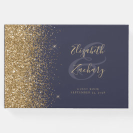 Modernes Dark Blue Gold Glitzer Script Gästebuch