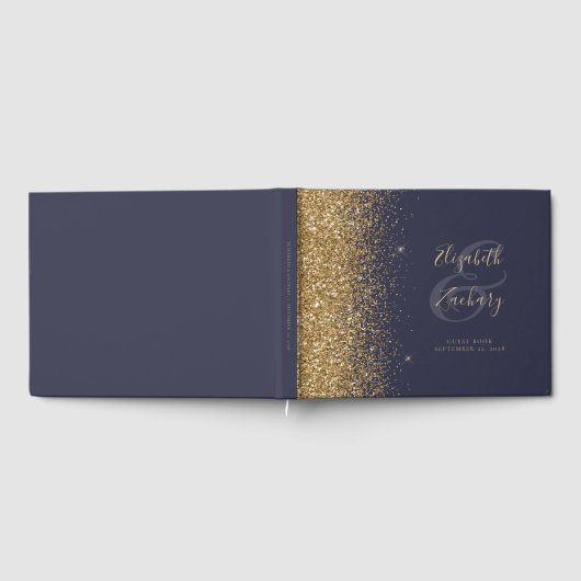 Modernes Dark Blue Gold Glitzer Script Gästebuch (Voll)