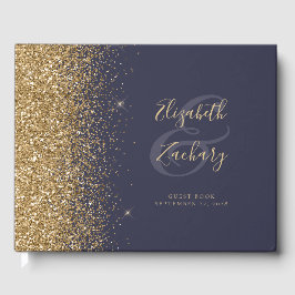 Modernes Dark Blue Gold Glitzer Script Gästebuch