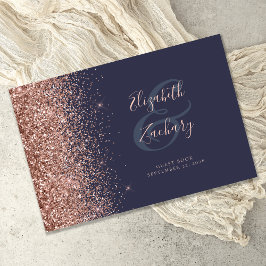 Modernes Dark Blue Rose Gold Glitzer Script Gästebuch