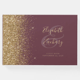 Modernes Dark Burgundy Gold Glitzer Script Gästebuch