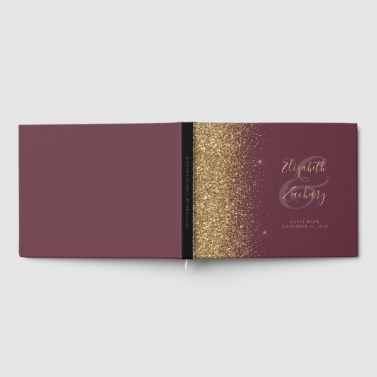 Modernes Dark Burgundy Gold Glitzer Script Gästebuch (Voll)
