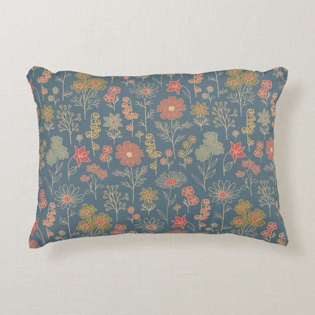 Modernes Denim Blue & Coral Floral Dekokissen (Vorderseite)