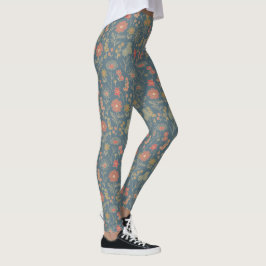 Modernes Denim Blue & Coral Floral Leggings