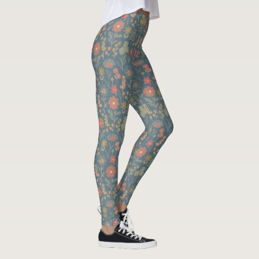 Modernes Denim Blue & Coral Floral Leggings (Rechts)