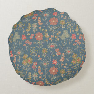 Modernes Denim Blue & Coral Floral Rundes Kissen