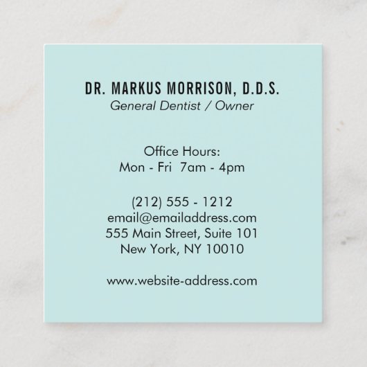 Modernes Dentist zisst schwarzes Logo auf Minze Quadratische Visitenkarte (Rückseite)