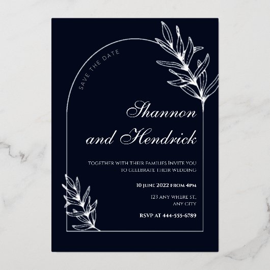 Modernes Design der Navy Arch Line | Silber Folieneinladung (Vorderseite)