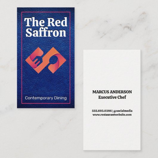 Modernes Dining-Logo | Blauleder Visitenkarte (Vorne/Hinten)