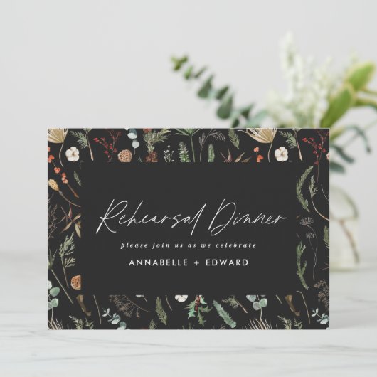 Modernes Dinner der schwarzen botanischen Probe Einladung (Stehend Vorderseite)