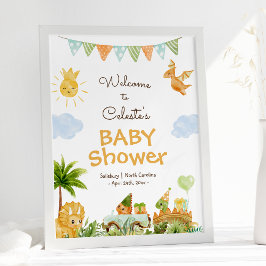 Modernes Dinosaurier White Baby Dusche Begrüßungsp Poster