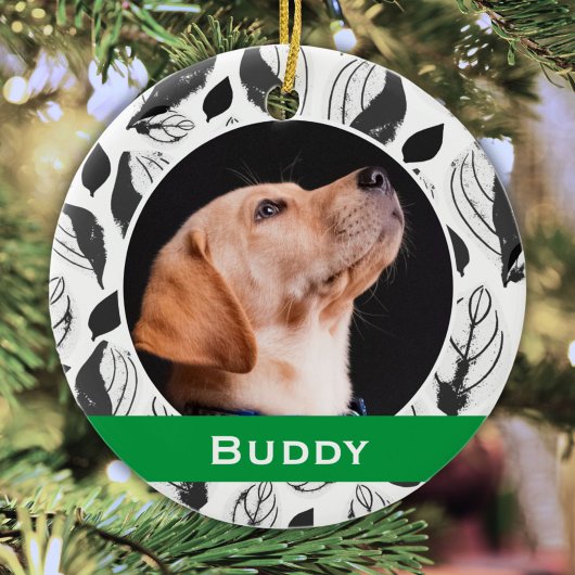 Modernes Dog Pet Foto B&W Leaf Muster Weihnachten Keramik Ornament