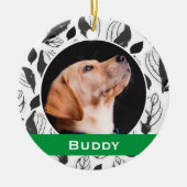 Modernes Dog Pet Foto B&W Leaf Muster Weihnachten Keramik Ornament (Vorne)
