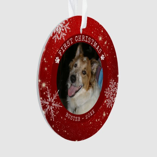Modernes Dog Red FIRST CHRISTMAS Snowflake Foto Ornament (Vorderseite)