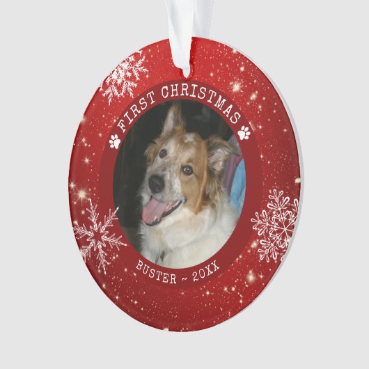 Modernes Dog Red FIRST CHRISTMAS Snowflake Foto Ornament (Vorderseite)