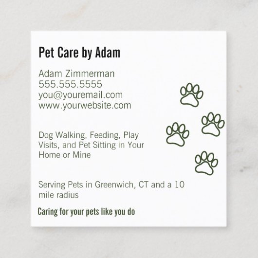 Modernes Dog Walker Pet Sitter pawsome dunkelgrün Quadratische Visitenkarte (Rückseite)