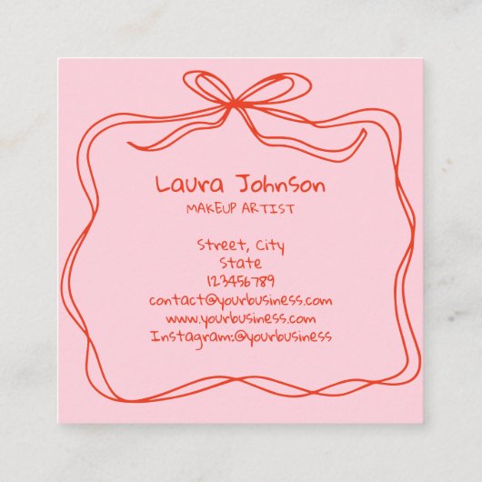 Modernes Doodle Whimsical Makeup Artist Red Pink B Quadratische Visitenkarte (Rückseite)