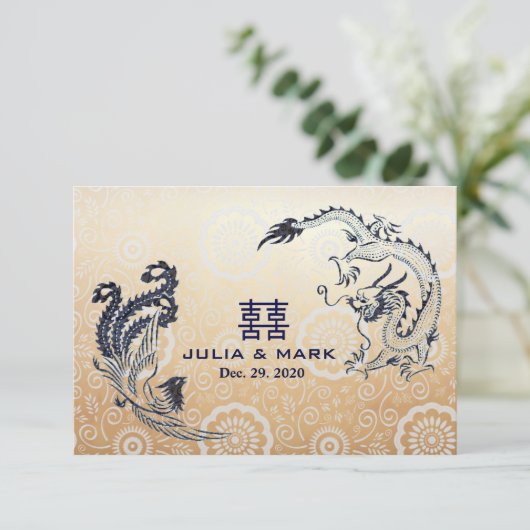 Modernes Dragon-Phoenix-Chinesisch-Hochzeit-RSVP RSVP Karte (Stehend Vorderseite)