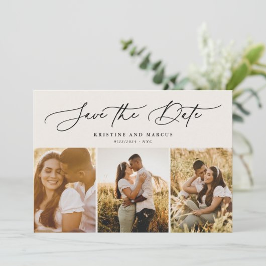 Modernes Drehbuch 3-Foto Multi Beige Save The Date (Stehend Vorderseite)