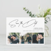 Modernes Drehbuch 3 Fotos einfache Hochzeit Save The Date (Stehend Vorderseite)