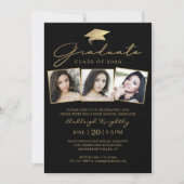 Modernes Drehbuch 3 Fotos Schwarzes Gold Einladung (Vorderseite)