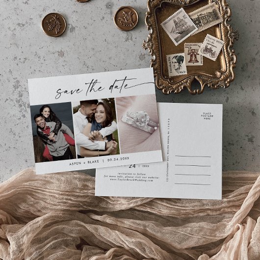 Modernes Drehbuch 3 Fotovorlage Save the Date Einladungspostkarte