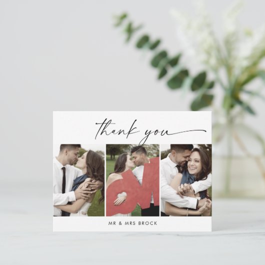 Modernes Drehbuch 3 Fotovorlage Vielen Dank Postkarte (Stehend Vorderseite)