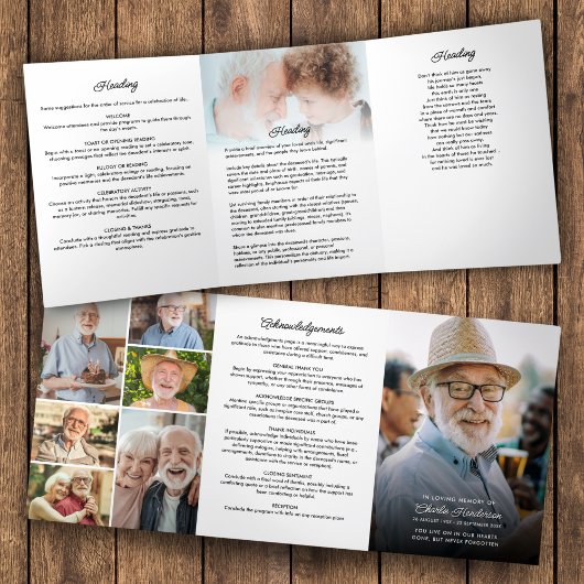 Modernes Drehbuch 8-Foto Beerdigung/Gedenkfeier Dreifach-gefaltete Programmkarte