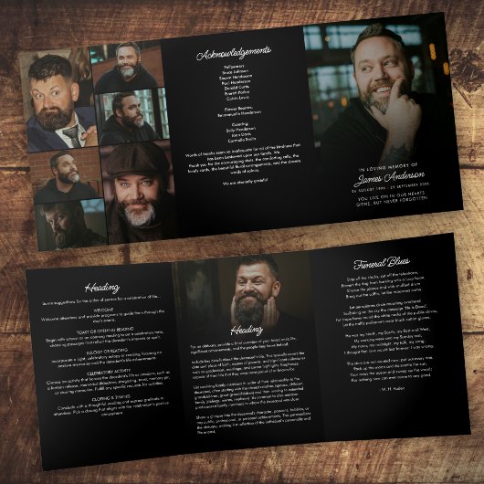 Modernes Drehbuch 8-Foto Beerdigung/Gedenkfeier Dreifach-gefaltete Programmkarte