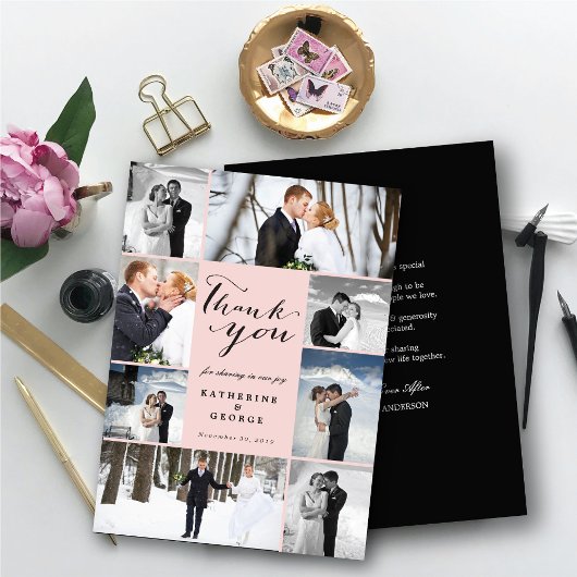 Modernes Drehbuch 8-Foto Pink Wedding Design Dankeskarte