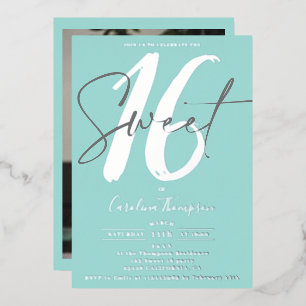 Modernes Drehbuch aquamarines blaues Foto Sweet 16 Folieneinladung