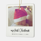 Modernes Drehbuch Baby's First Christmas Foto Keramikornament (Links)