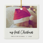 Modernes Drehbuch Baby's First Christmas Foto Keramikornament (Rückseite)