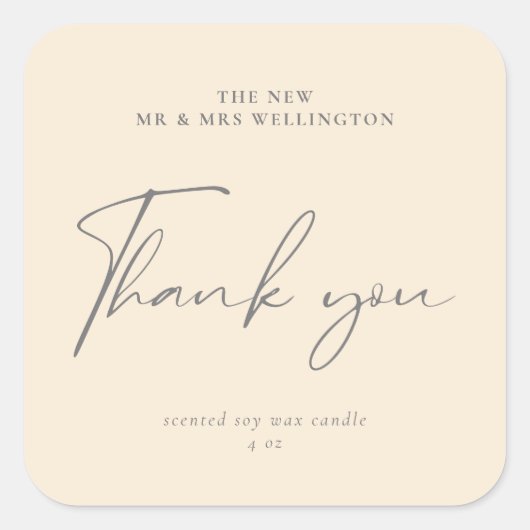 Modernes Drehbuch Beige Weiße Gastgeschenk Hochzei Quadratischer Aufkleber (Vorderseite)