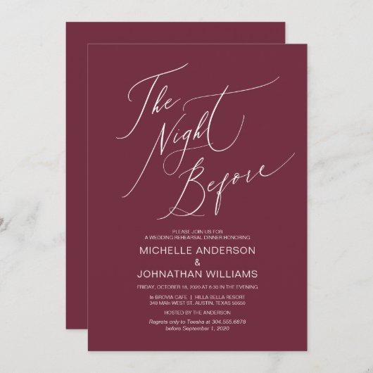 Modernes Drehbuch, Burgund, Hochzeit-Probe-Abendes Einladung (Vorne/Hinten)