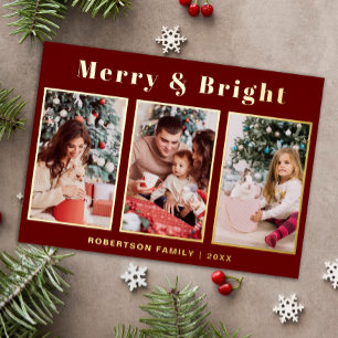 Modernes Drehbuch Drei Foto Rot Merry & Bright Folien Feiertagskarte