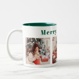 Modernes Drehbuch Drei Fotos Grün Merry & Bright Zweifarbige Tasse