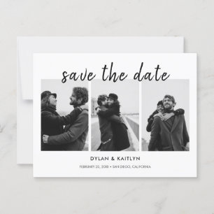 Modernes Drehbuch: Drei Fotos Save the Date Postkarte