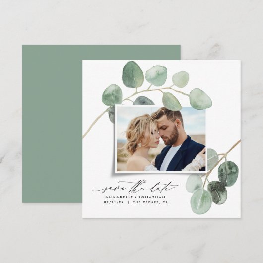 Modernes Drehbuch, elegantes Vintages Foto Eukalyp Einladung (Vorne/Hinten)